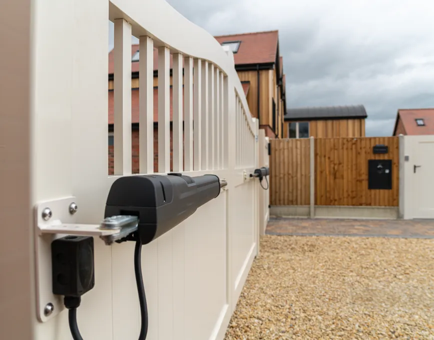 Beninca motor arm fitted to a cream swing gate, near Bromsgrove