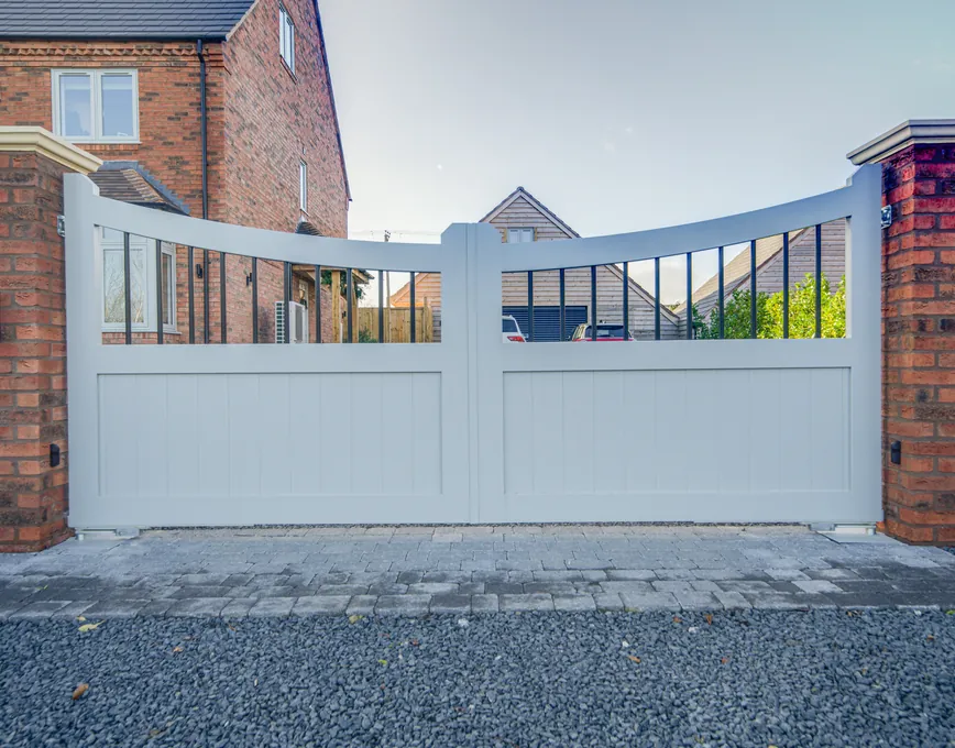 Light grey traditional swing gates with a railed top, Droitwich Spa