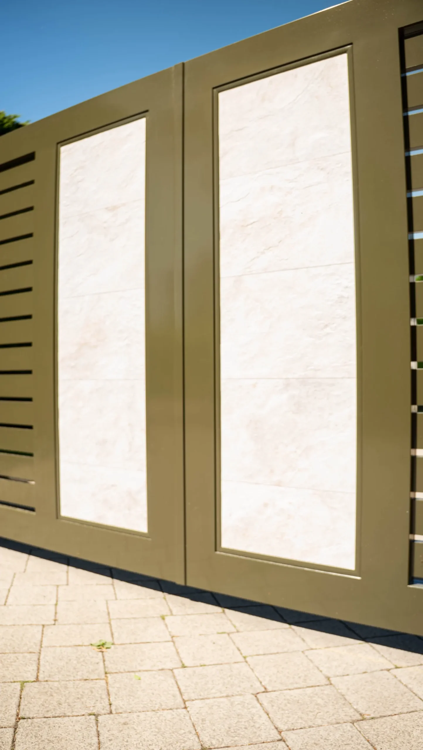 The two stone-effect panels where the olive green gate leaves meet