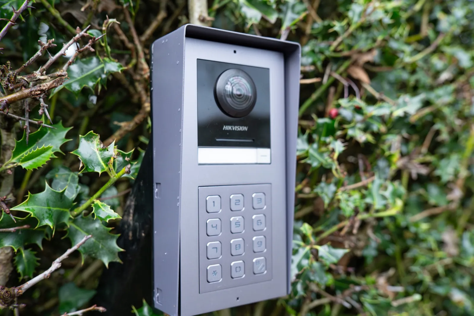 Video intercom with keypad set into a hedge beside the gates
